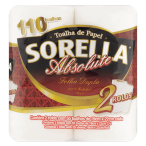 TOALHA DE PAPEL SORELLA ABSOLUTE 55 FOLHAS COM 2 ROLOS