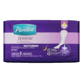 ABSORVENTE NOTURNO SEM ABAS PLENITUDE FEMME 8 UNIDADES ABSORVENTE NOTURNO SEM ABAS PLENITUDE FEMME 8 UNIDADES