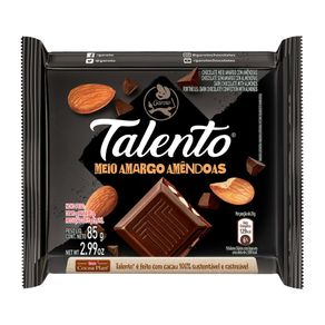 Chocolate Meio Amargo com Amêndoas TALENTO 85g CHOCOLATE TALENTO 85G MEIO AMARGO Chocolate Meio Amargo com Amêndoas TALENTO 85g CHOCOLATE TALENTO 85G MEIO AMARGO